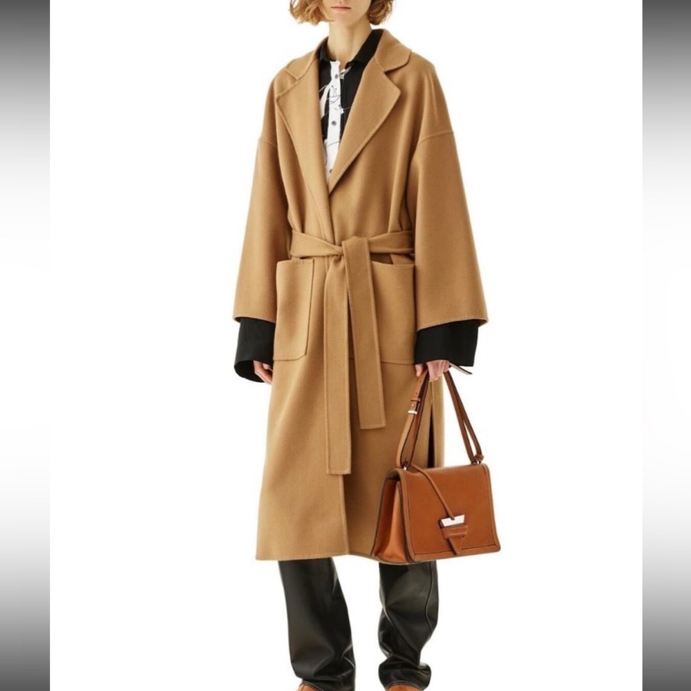 Loewe Brown Wool Lapel Long-Sleeve Belted Coat, Size Small